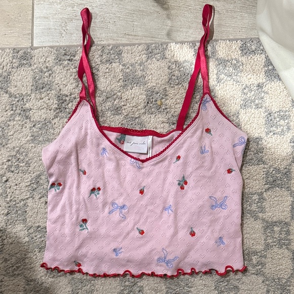 Out From Under Pink Crop Top with Red and Blue Embroidery Size S Preloved - Picture 1 of 6
